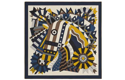 HERMES Celebration Galloping Horse Scarves Women's Marine Blue/Natural