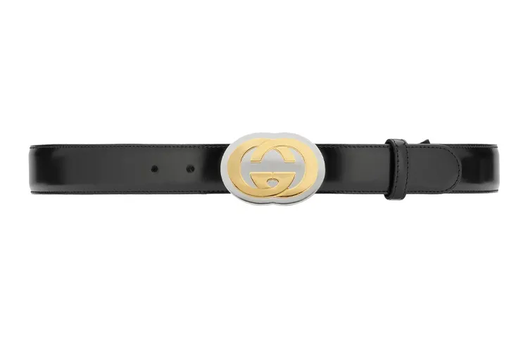 GUCCI Metal Leather Belts Men's Black Width 3cm