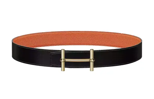 HERMES H D'Ancre Calfskin Leather Belts Men's Black/Orange Width 3.8cm