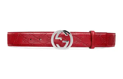 GUCCI Interlocking G Cow Leather Belts Women's Red Width 3.7cm