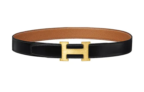 HERMES H Martelee Metal Calfskin Leather Belts Men's Width 3.2cm