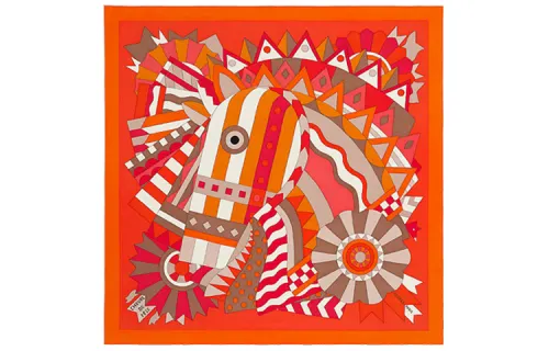 HERMES Celebration Galloping Horse Knit Scarves Women's Orange Vermilion