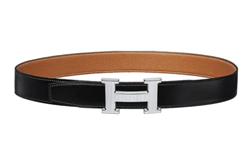 HERMES H Stripes Calfskin Leather Belts Men's Width 3.2cm