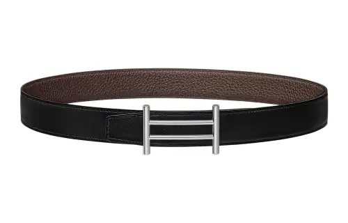 HERMES Togo Metal Calfskin Leather Belts Women's Black/Chocolate Width 3.2cm