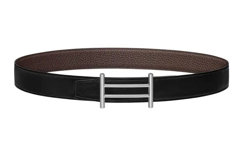 HERMES Togo Metal Calfskin Leather Belts Women's Black/Chocolate Width 3.2cm