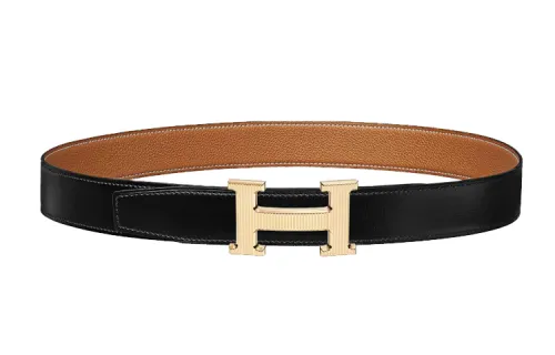 HERMES H Stripes Calfskin Leather Belts Women's Width 3.2cm