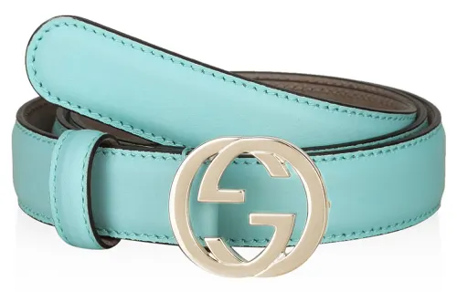 GUCCI Interlocking G Leather Belts Women's Light Blue Width 3cm