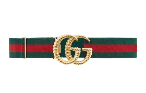 GUCCI GG Marmont Cow Leather Belts Women's Red Green Stripes Width 4cm
