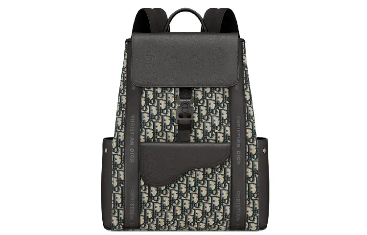 DIOR Large Capacity Grain Cow Leather Saddle Bag Backpack Men's Beige/Black