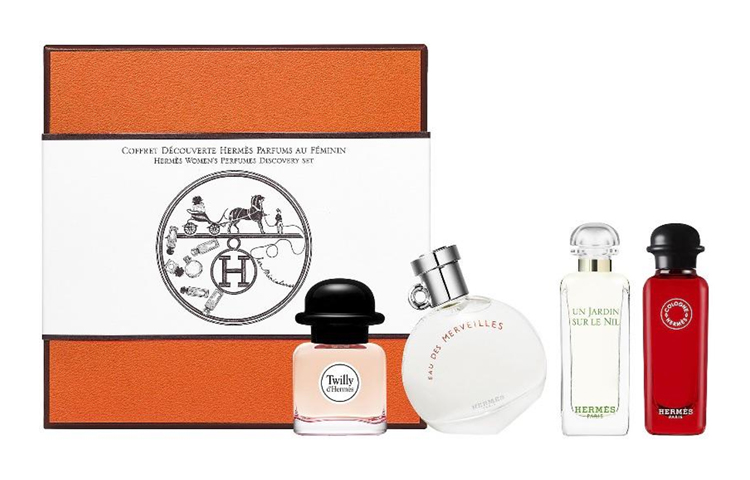 HERMES Women's Mini Perfume Sample Set Four Piece Set Silk Scarf+Nile Garden+Saffron Starlight+Blood Orange
