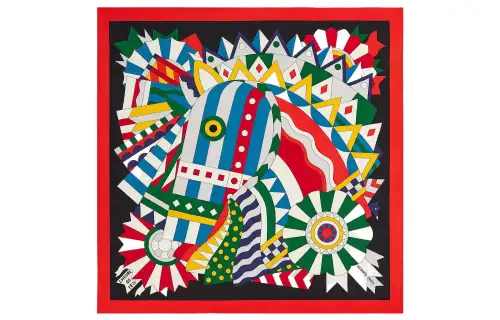 HERMES Celebration Galloping Horse Knit Scarves Women's Vermilion/Black/Multicolor