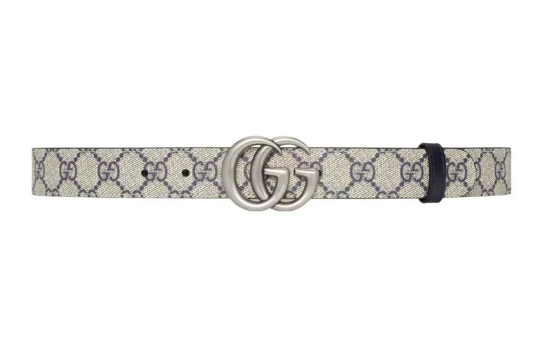 GUCCI GG Marmont Canvas Leather Belts Men's Beige/Blue Width 3cm