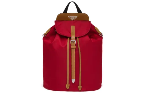 PRADA Nylon, Fabric Saffano Leather Trim Backpack Unisex Flame Red/Caramel