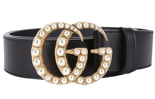 GUCCI Double G Wide Leather Belt Pearl Buckle 1.5 Width