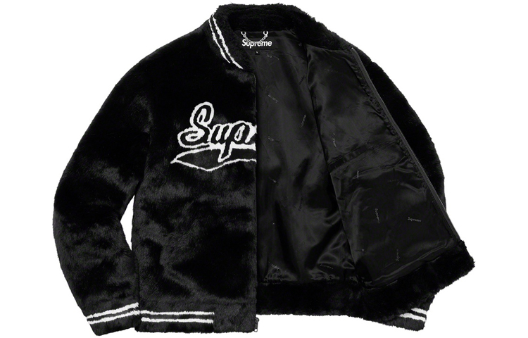 Куртка Supreme SS20 Week 1 Faux Fur Varsity Jacket (черная) — фото 3