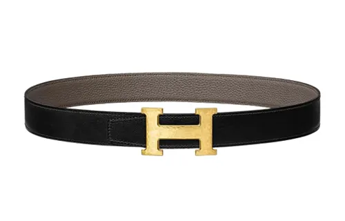 HERMES H Martelee Leather Belts Men's Black/Tin Gray Width 3.2cm