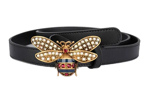 GUCCI Queen Margaret Leather Belts Women's Black Width 2cm