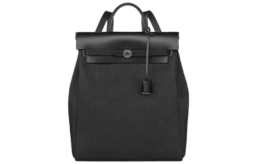 HERMES Herbag Zip Officier Canvas With Hunter Cow Leather Handbag, Backpack Regular Unisex 89 Noir Black