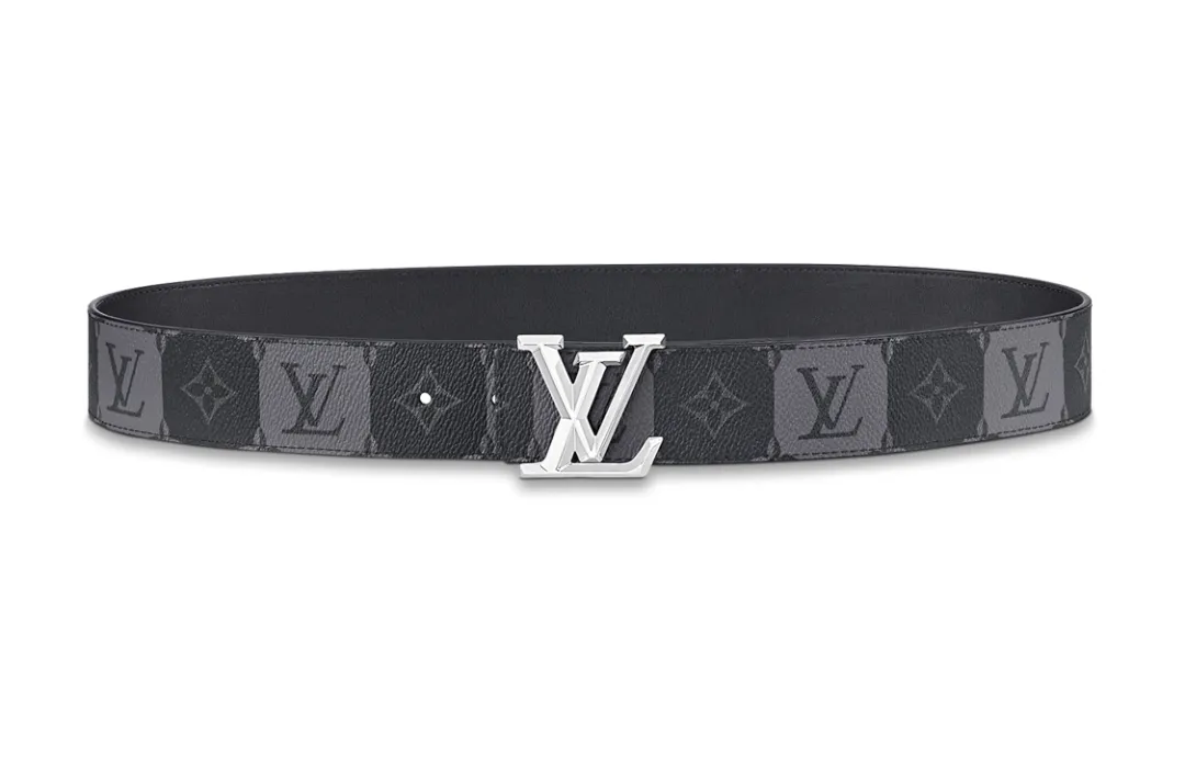 LOUIS VUITTON Pyramide Cow Leather Belts Men's Gray/Black Width 4cm