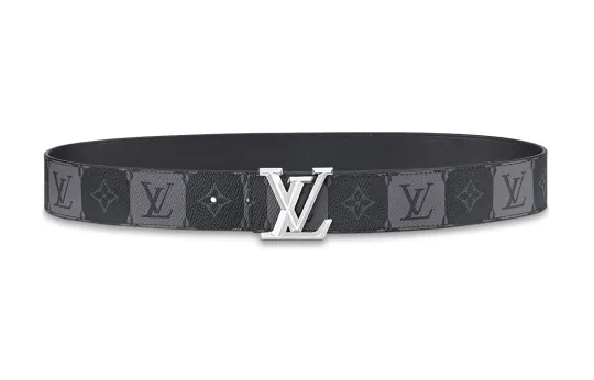 LOUIS VUITTON Pyramide Cow Leather Belts Men's Gray/Black Width 4cm