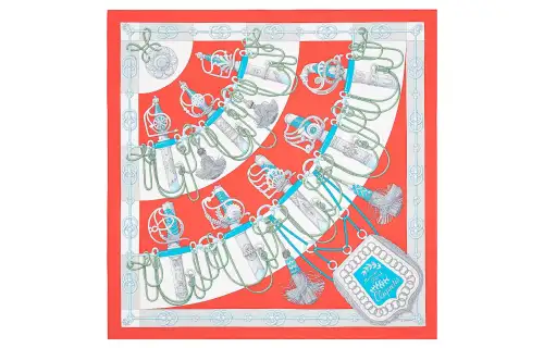 HERMES Scarves Women's Garnet Red/Gray/Turquoise Blue