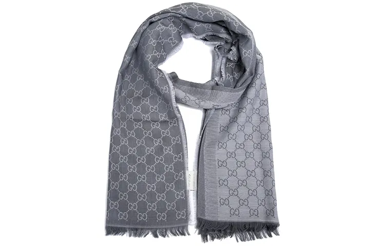 GUCCI Wool Mulberry Silk Knit Scarves Unisex Gray
