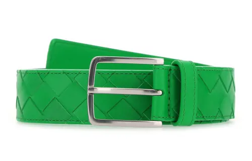 Bottega Veneta Calfskin, Silver Metal Leather Belts Men's Green Width 3.5cm
