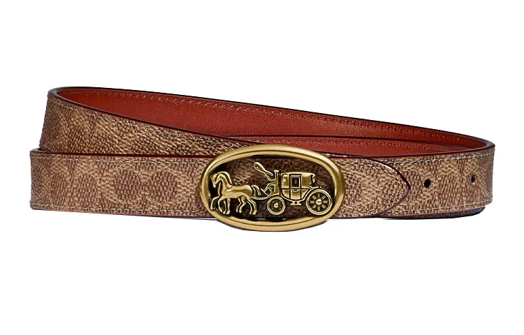 COACH Cow Leather Canvas Leather Belts Women's Rusty Red Width 2cm