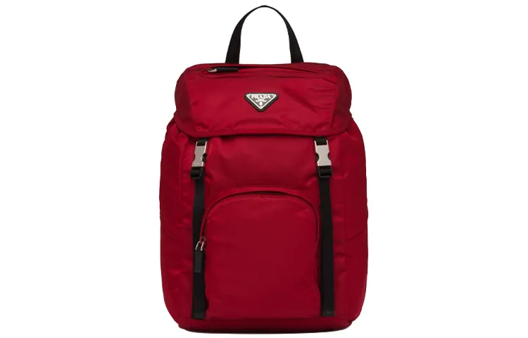 PRADA Brand Logo Nylon Double Shoulder Backpack Unisex Red Black