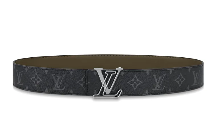 LOUIS VUITTON Line Cow Leather Canvas Leather Belts Men's Black/Green Width 4cm