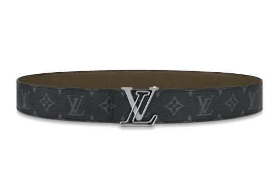 LOUIS VUITTON Line Cow Leather Canvas Leather Belts Men's Black/Green Width 4cm
