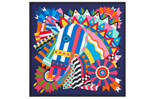 HERMES Celebration Galloping Horse Scarves Women's Indigo/Bright Yellow/Multicolor