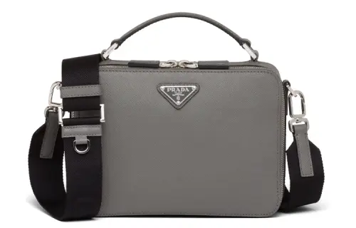 PRADA BriqueSaffiano Leather Handbag, Shoulder Bag, Crossbody Bag Men's Marble Gray