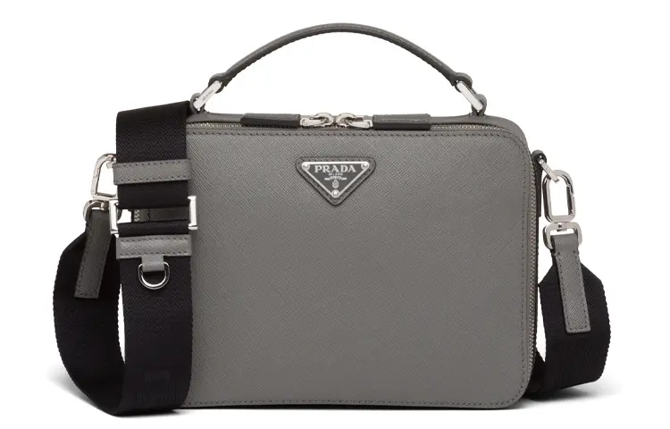 PRADA BriqueSaffiano Leather Handbag, Shoulder Bag, Crossbody Bag Men's Marble Gray