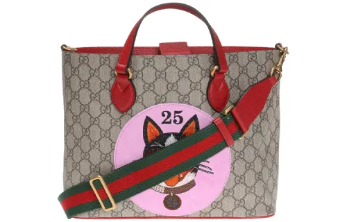 GUCCI Canvas With Leather Tote Bag, Shopping Bag, Handbag, Shoulder Bag, Crossbody Bag Regular Women's Ebony/Pink/Red