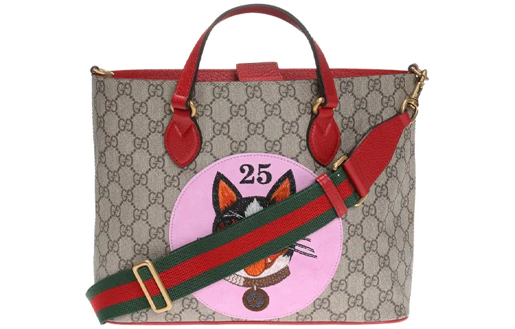 GUCCI Canvas With Leather Tote Bag, Shopping Bag, Handbag, Shoulder Bag, Crossbody Bag Regular Women's Ebony/Pink/Red