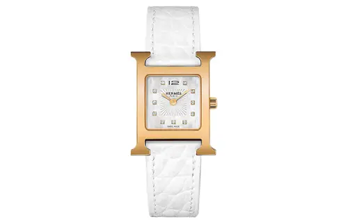 HERMES Heure H Wrist Watches Quartz Movement Crocodile Leather Strap White Dial Women's Watch