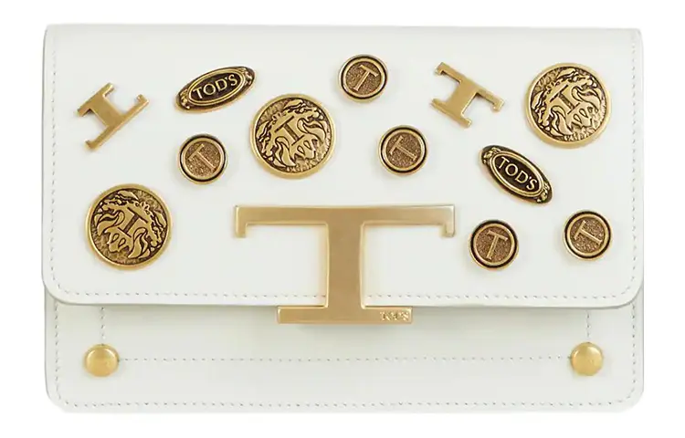 TOD'S Leather Metal T-shaped buckle Badge patch Detachable belt with metal chain Clutch waist bag shoulder bag extra small white