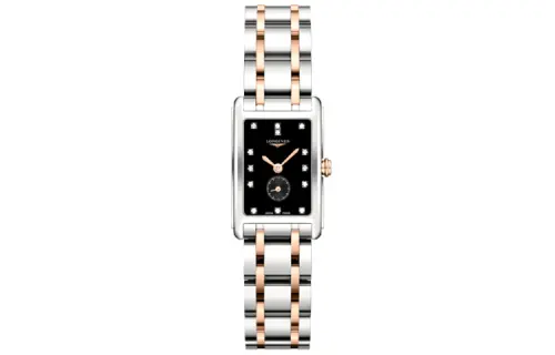 LONGINES Black quartz waterproof dial stainless steel, golden gold watch, case, watch strap, quartz mechanism, 32mm, 18 carat, pink gold, 18 carat