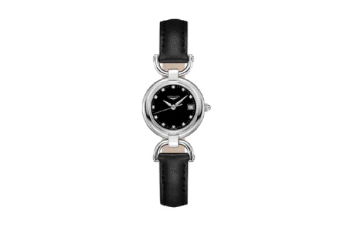 LONGINES Rider Collection Quartz Movement Women's Watch 26.5mm Black Dial Stainless Steel Case Leather Strap