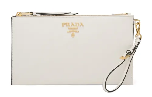 PRADA Zip Closure Saffiano Leather Clutch Women's White