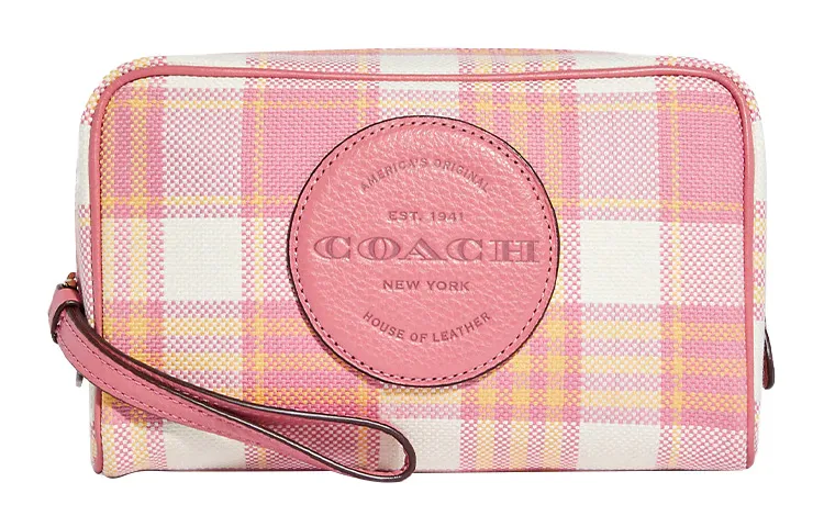 COACH Dempsey Jacquard With Pebbled Leather Clutch Makeup Bag Mini Women's Pink White/Yellow