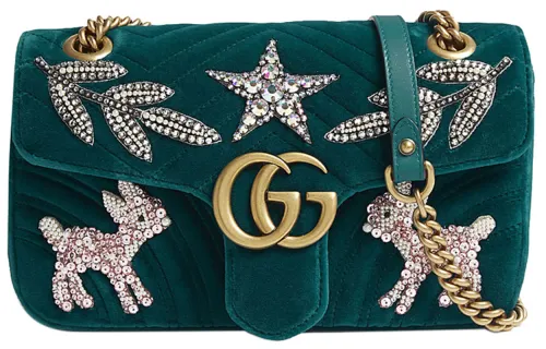 GUCCI GG Marmont Quilted Velvet Chain Shoulder Bag, Crossbody Bag Small Women's Dark Green