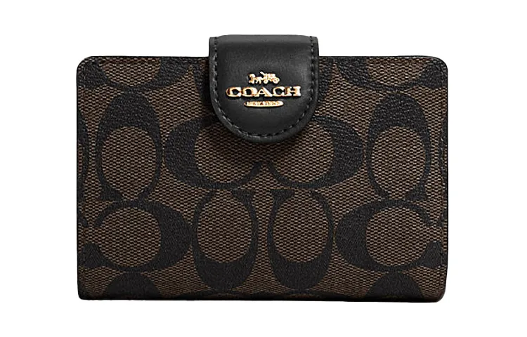 COACH Corner Zip Canvas With Leather Wrist Bag Clutch Pochette Wallets Medium Women's Dark Brown Black