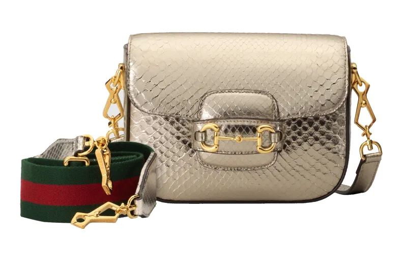 GUCCI Horsebit 1955 Python Skin Crossbody Bag, Shoulder Bag Mini Women's Gold