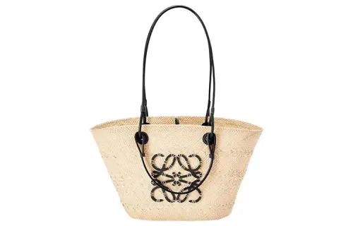 LOEWE Basket Palm Fiber With Cow Leather Basket Bag, One Shoulder Handbag Medium Women's Beige/Black
