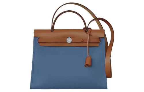 HERMES Herbag Zip Cowhide Patchwork Canvas Shoulder Bag, Crossbody Bag, Handbag 31 Unisex Brown/Denim Blue