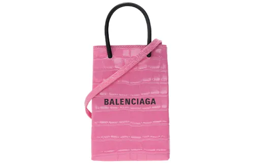 Balenciaga Crocodile Pattern Cow Leather Cell Phone Pouch Women's Pink