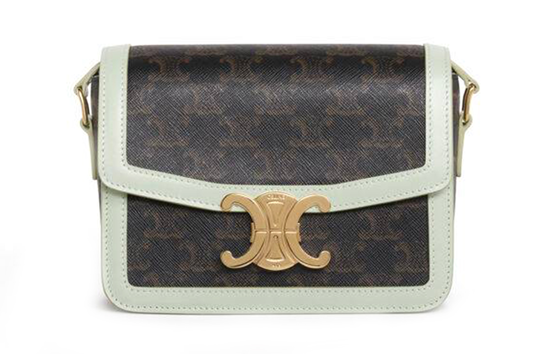 CELINE Teen Triomphe Brand Logo Calfskin Shoulder Bag Women's Light Green