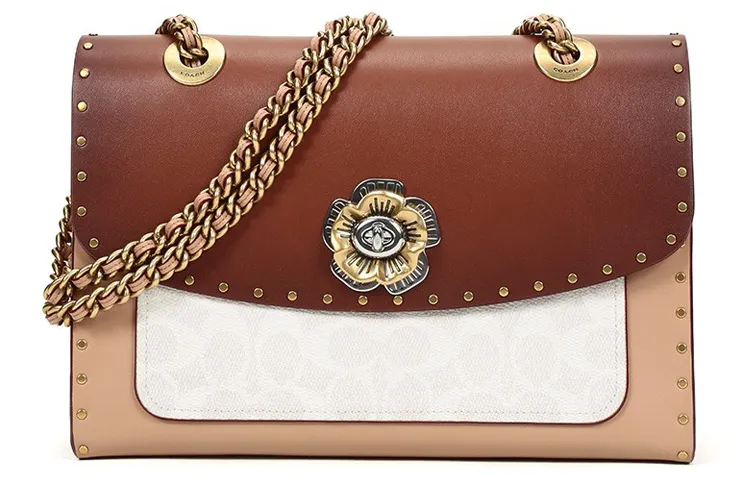 COACH Parker Canvas Chain Bag Crossbody Bag Shoulder Bag Medium Size Women's Brown Red Monogram Color Scheme